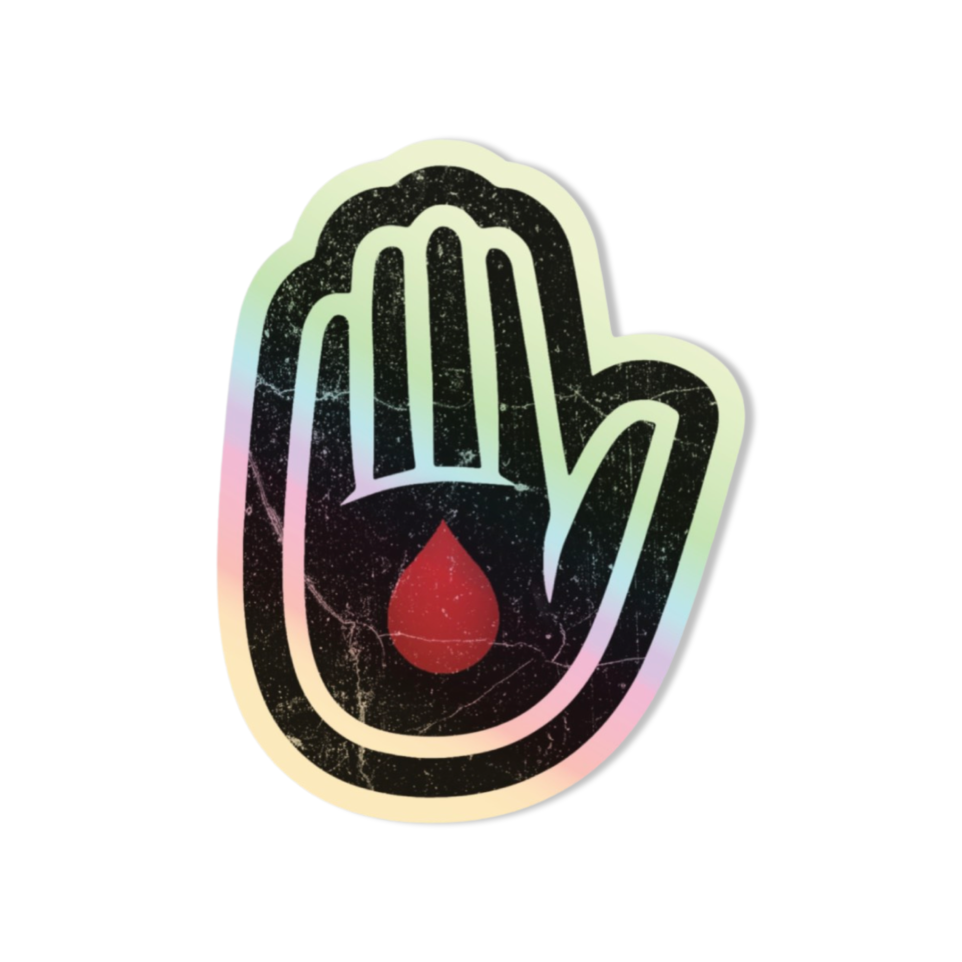 A sticker of a palm with a drop of blood in the middle.